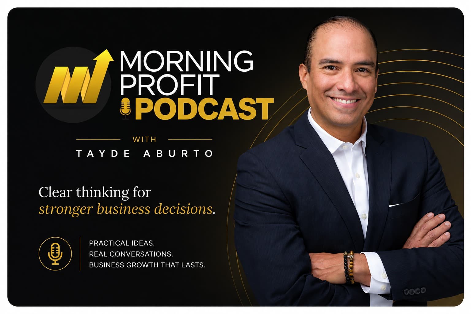 Morning Profit Podcast artwork: Tayde Aburto, arms folded, beside the show title and the line “Clear thinking for stronger business decisions.”